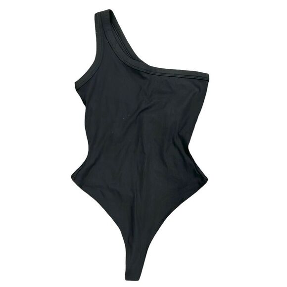 girlfriend collective Tops - Girlfriend Collective black Tate one shoulder thong body suit size small